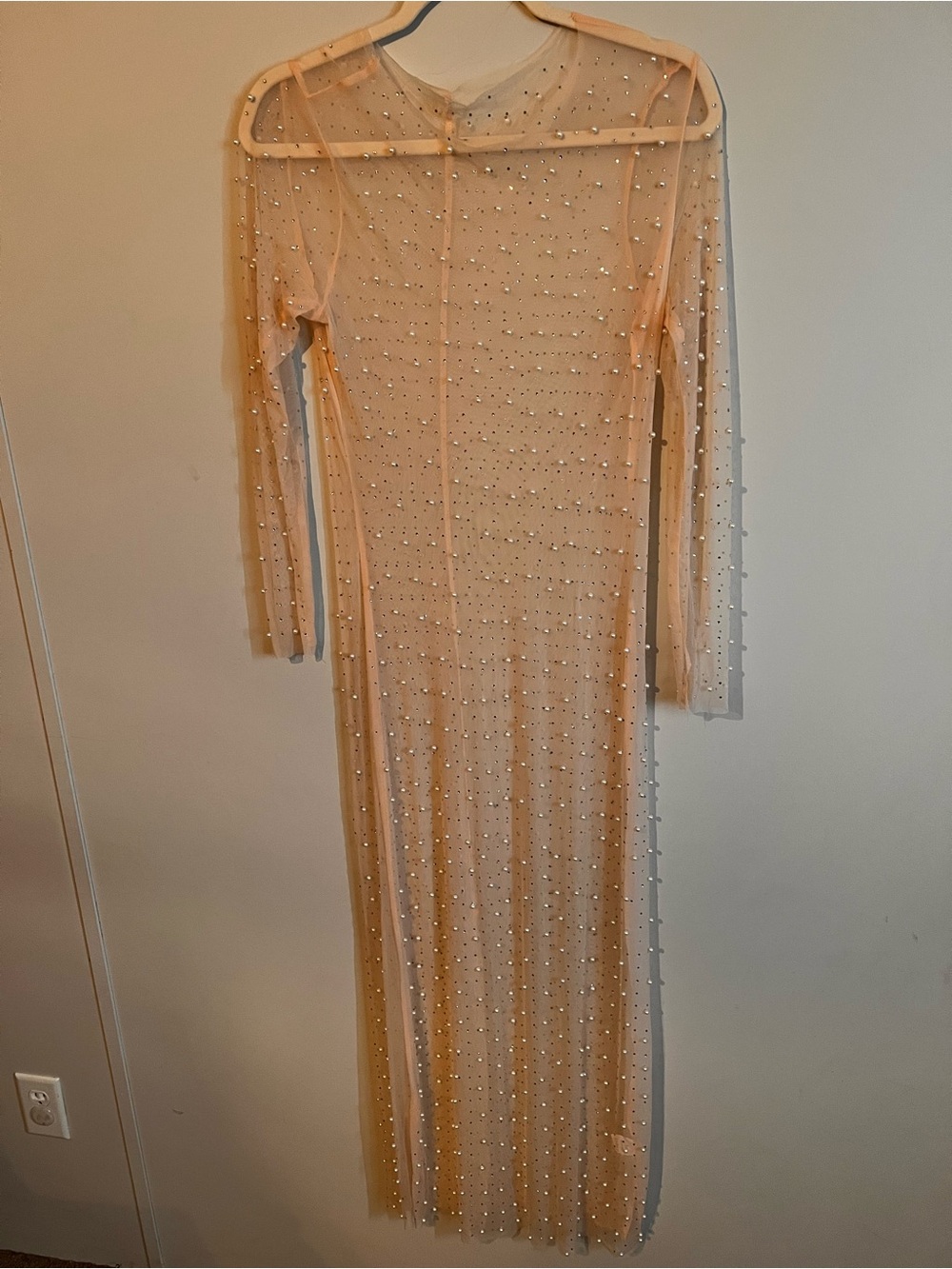 Beaded Long Sleeve Sheer Maxi Dress - Nude